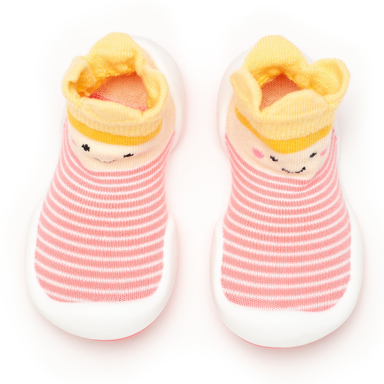 Pair of children's sock shoes in pink and white stripes with yellow top.