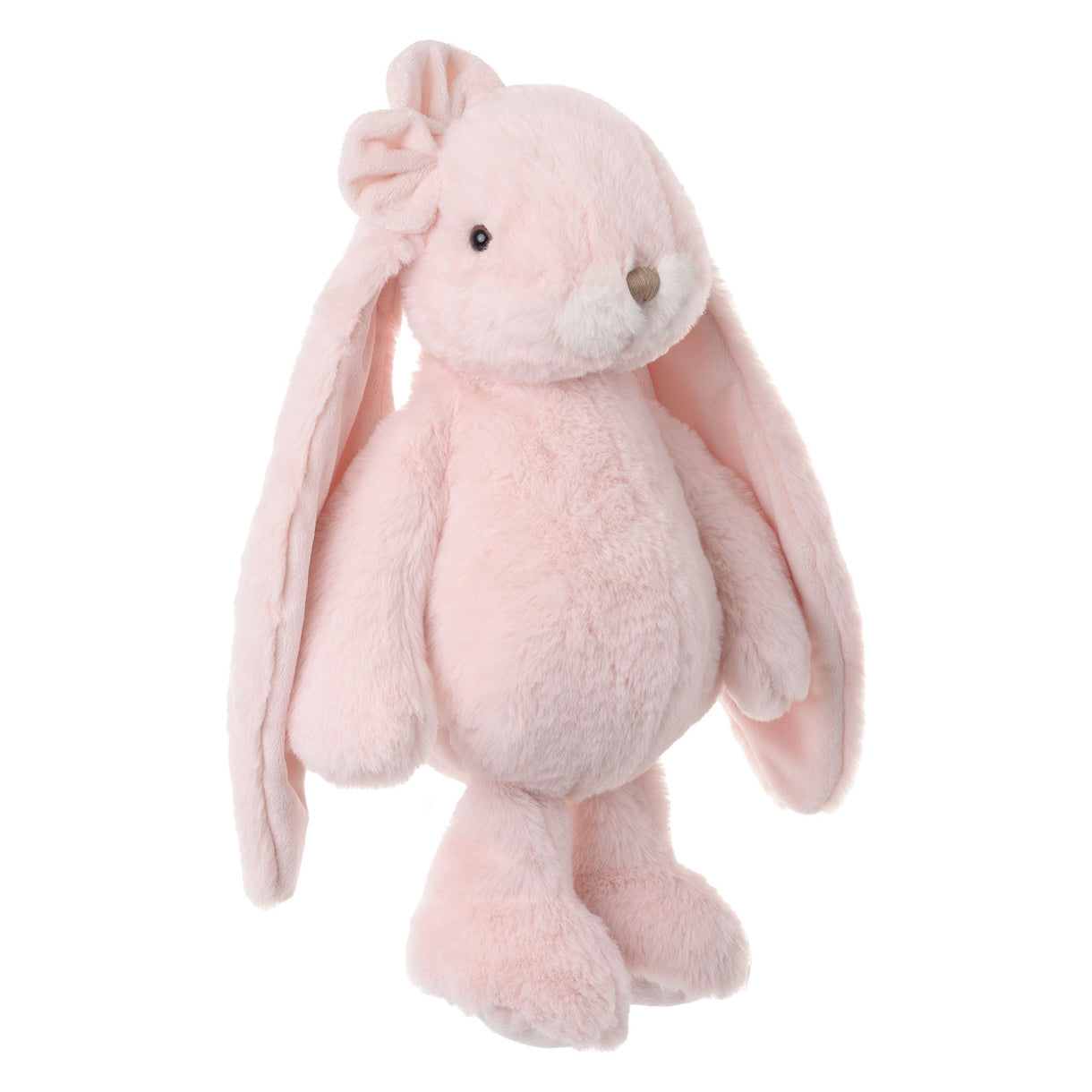 Pink plush bunny toy with a bow on a white background