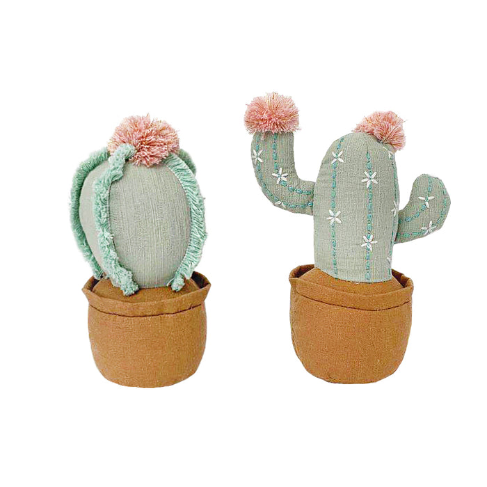 Two stuffed cactus plants in pots.