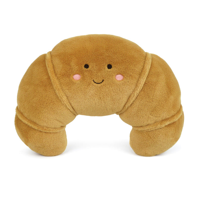 Brown croissant-shaped plush toy with a smiling face and pink cheeks.