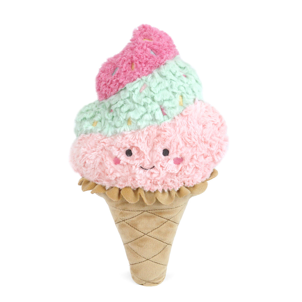 Plush toy ice cream cone with three scoops and a smiling face.