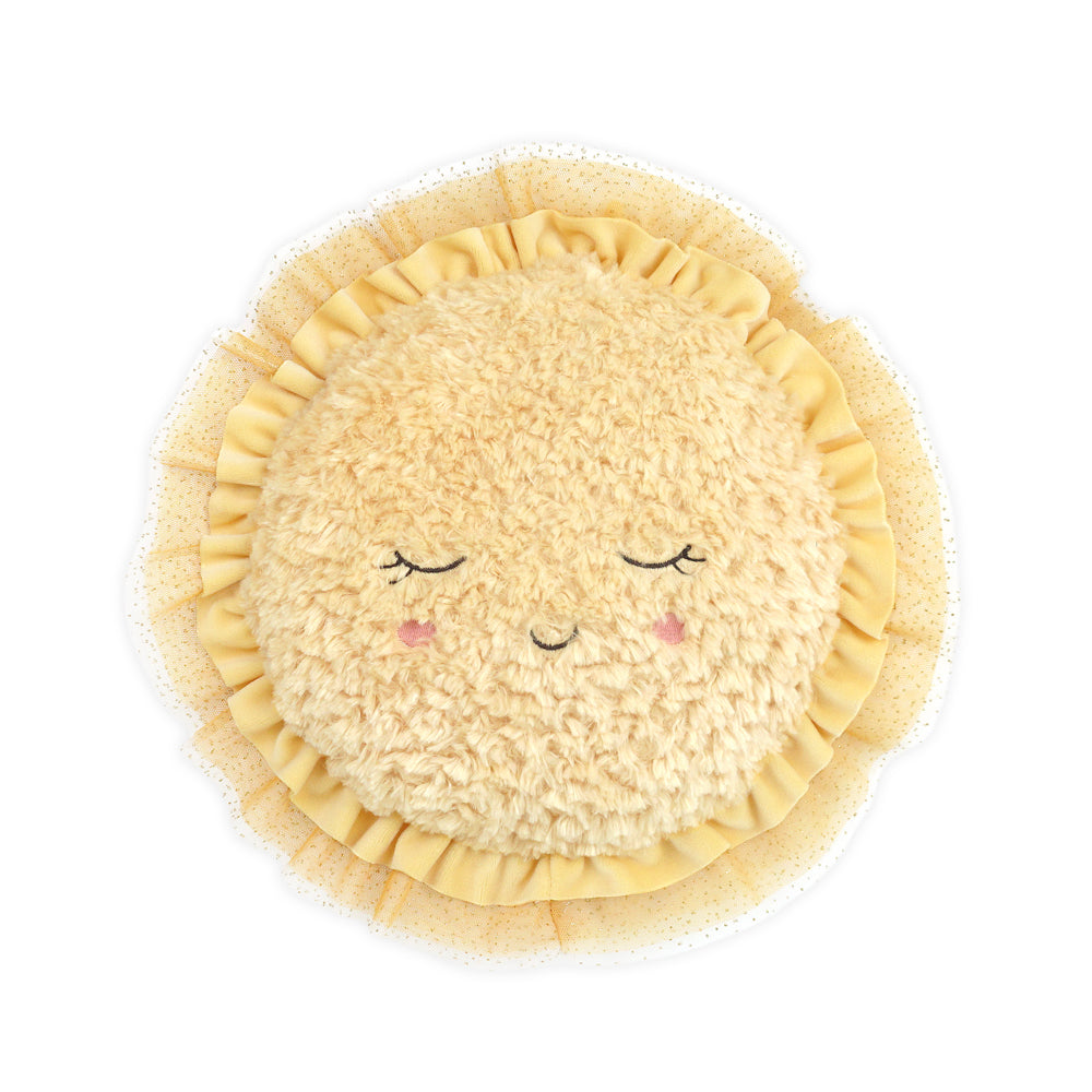 Close-up of a yellow plush sun pillow with closed eyes and ruffled edges.