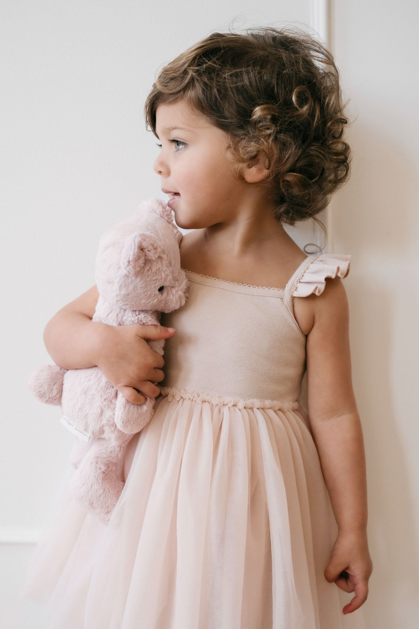 Young girl in a pink tulle dress holding a plush bear.
