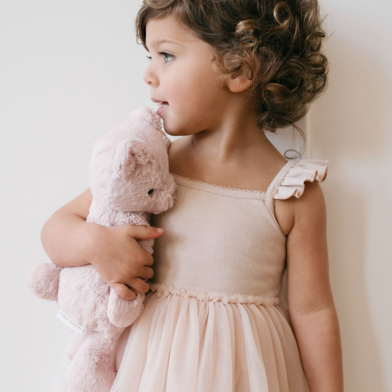 Young girl in a pink tulle dress holding a plush bear.