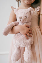 Young child in pink dress holding pink stuffed bear.