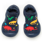 Two navy blue sock shoes with dinosaur patterns.