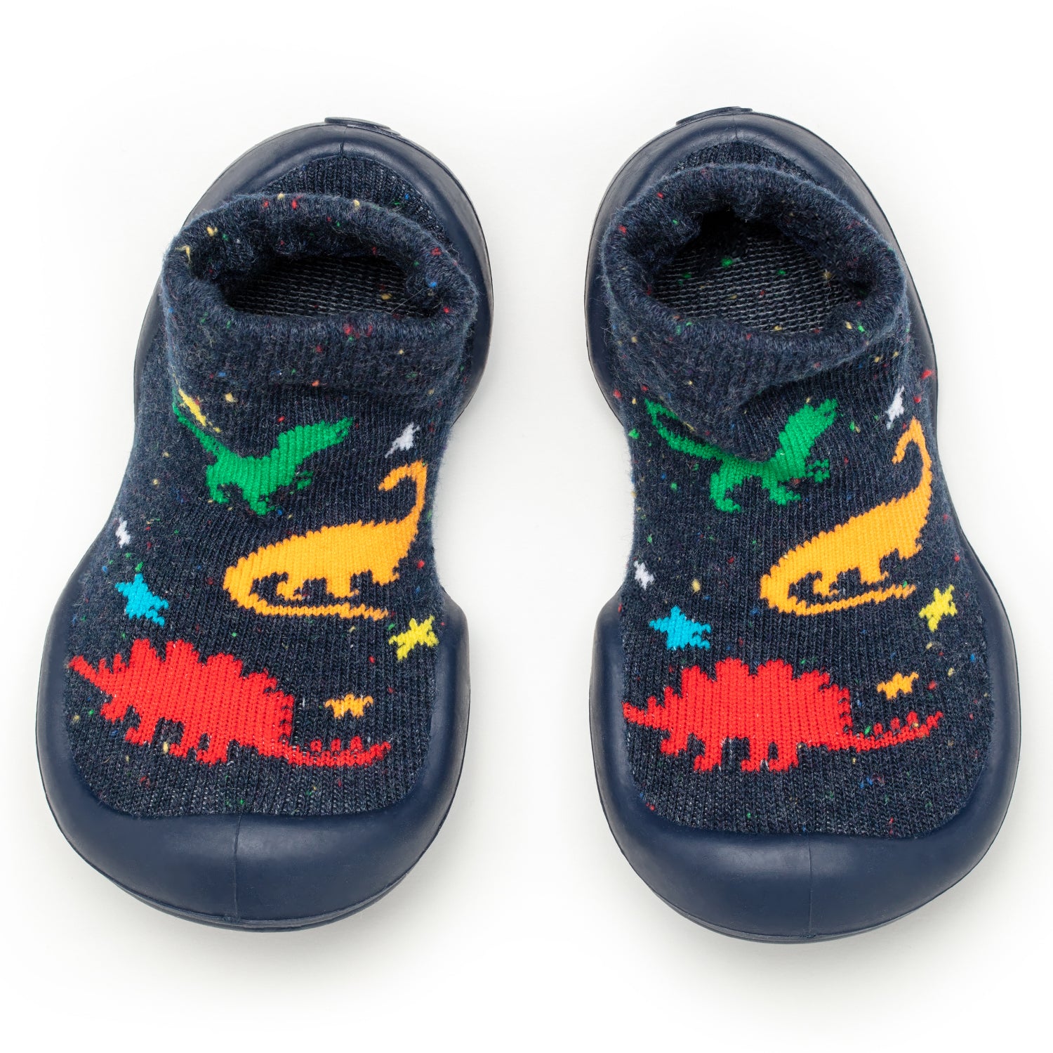 Two navy blue sock shoes with dinosaur patterns.