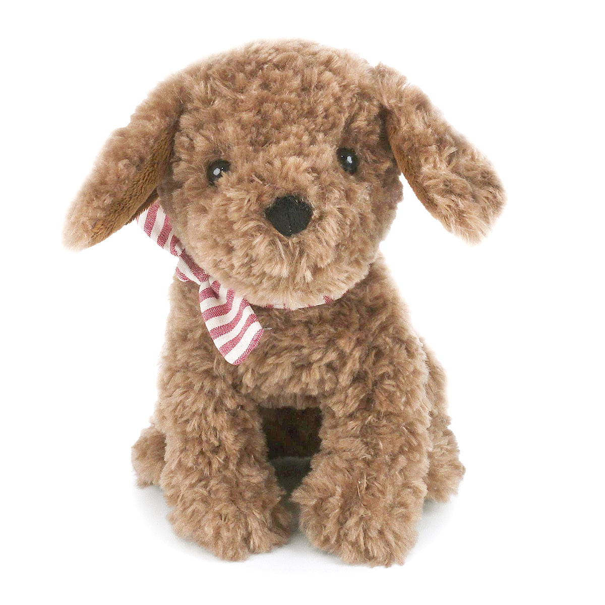 Brown, plush dog toy wearing a striped scarf.