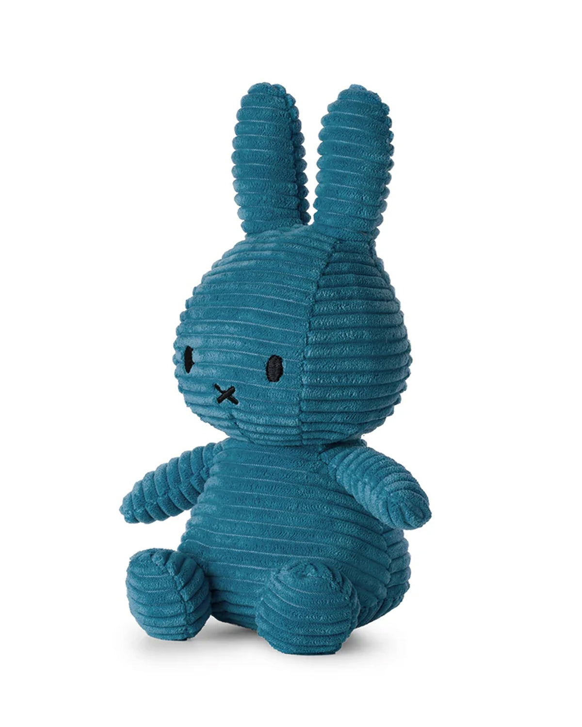 Blue corduroy Miffy plush toy sitting.