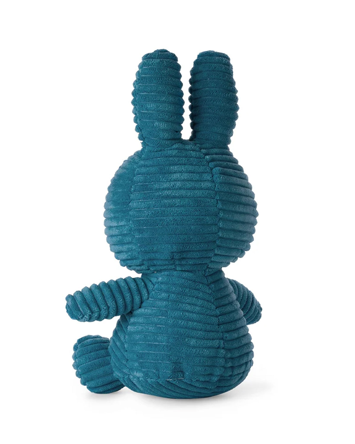 Teal corduroy bunny toy sitting.