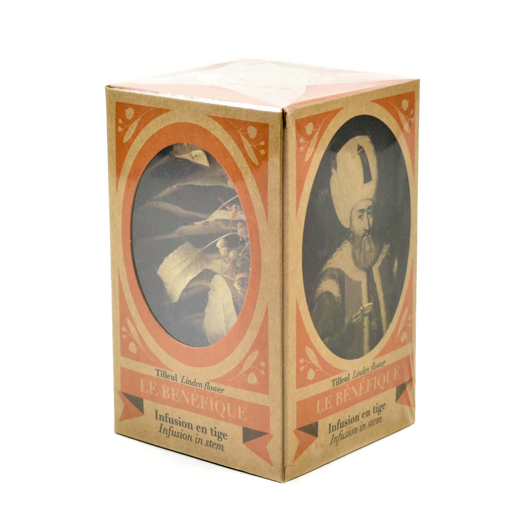 A tan cardboard box with an image of linden flowers on one side and a historical figure on the other.