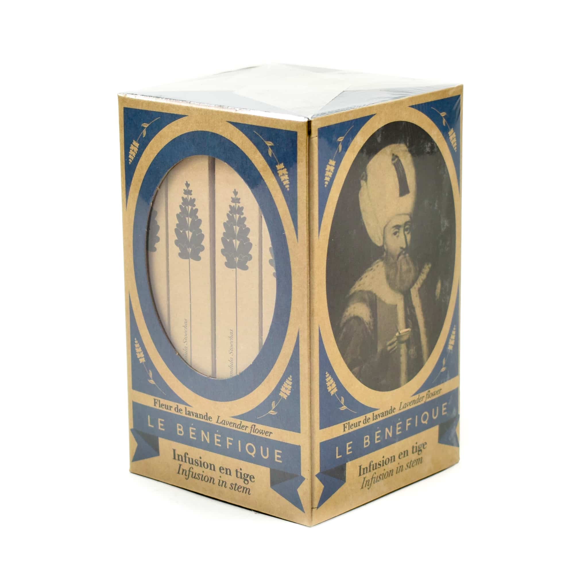 Tan box with blue accents, containing lavender stems and image of a man.