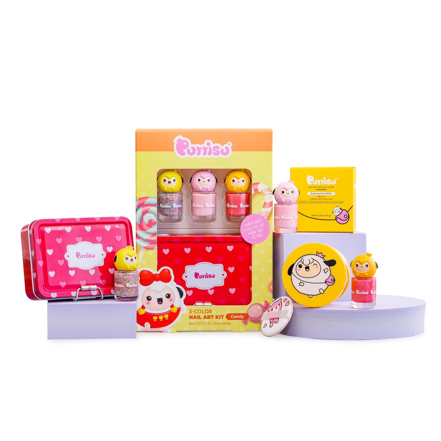 A colorful arrangement of Purriso brand children's cosmetics, including nail polish, sunscreen, and a lunchbox.