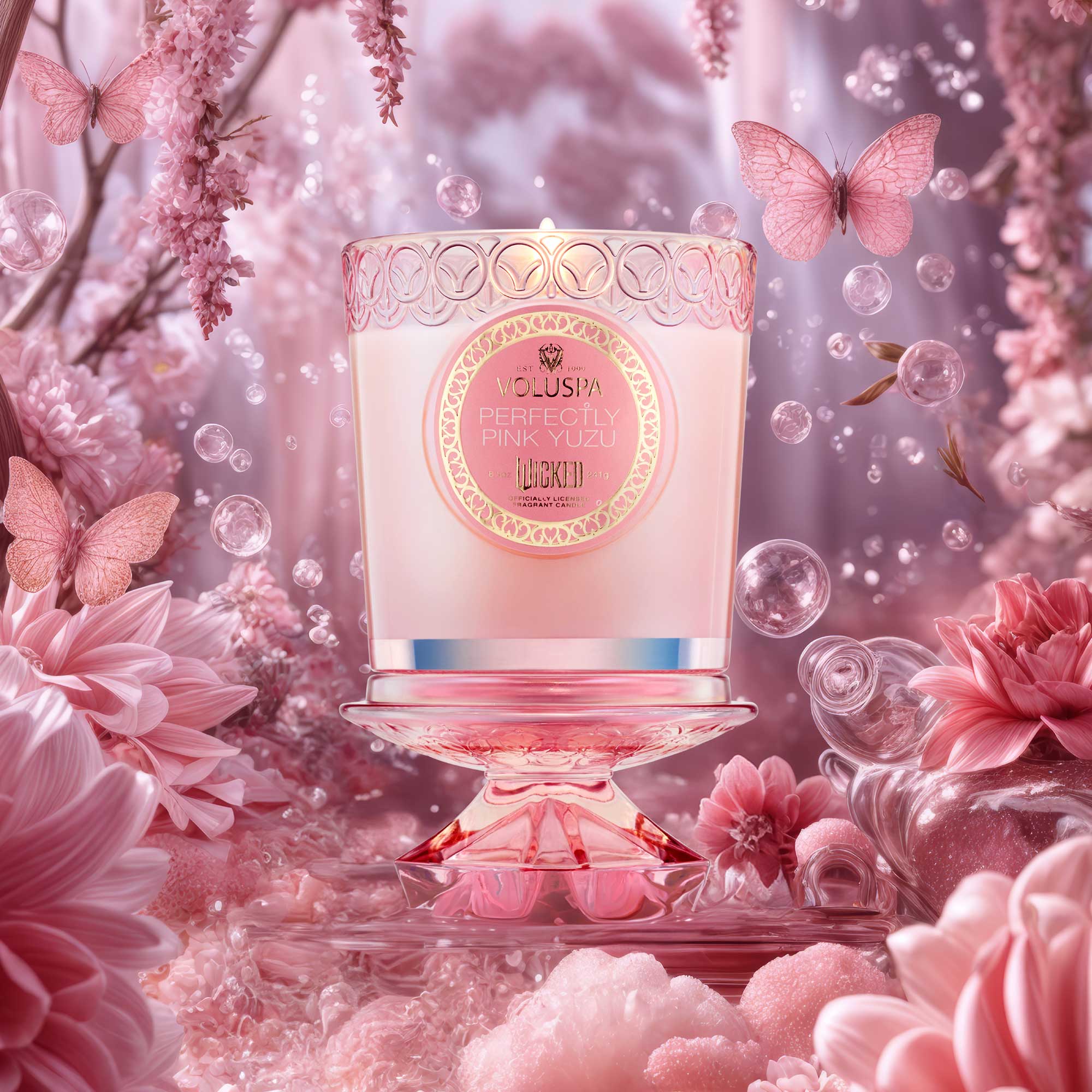Pink candle with decorative label surrounded by pink flowers and butterflies