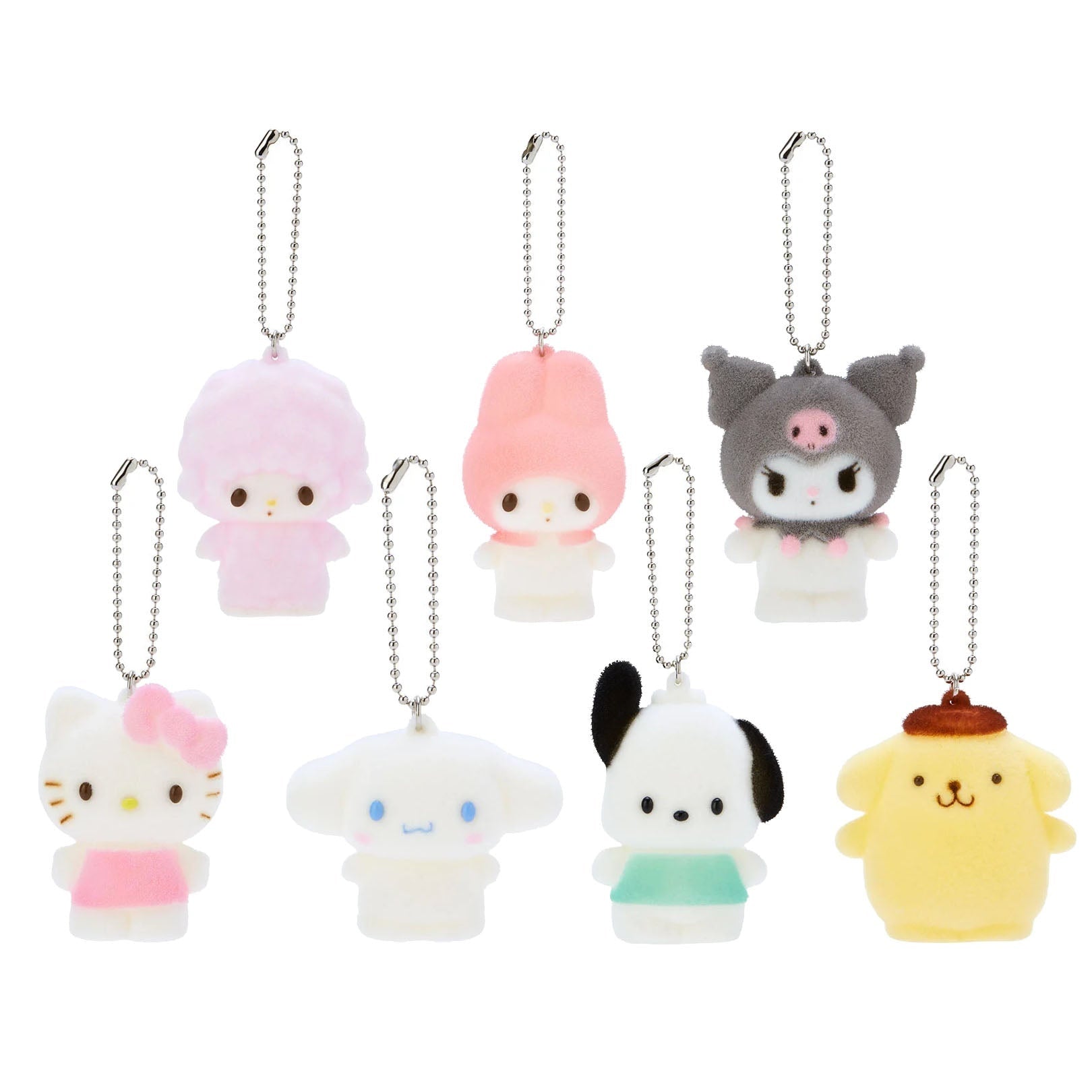 Seven Sanrio plush keychains on silver ball chains.