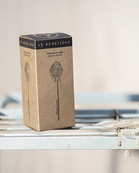 Tan cardboard box with a black top, featuring a botanical illustration.