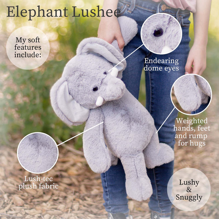 Child holds a gray plush elephant with soft features.