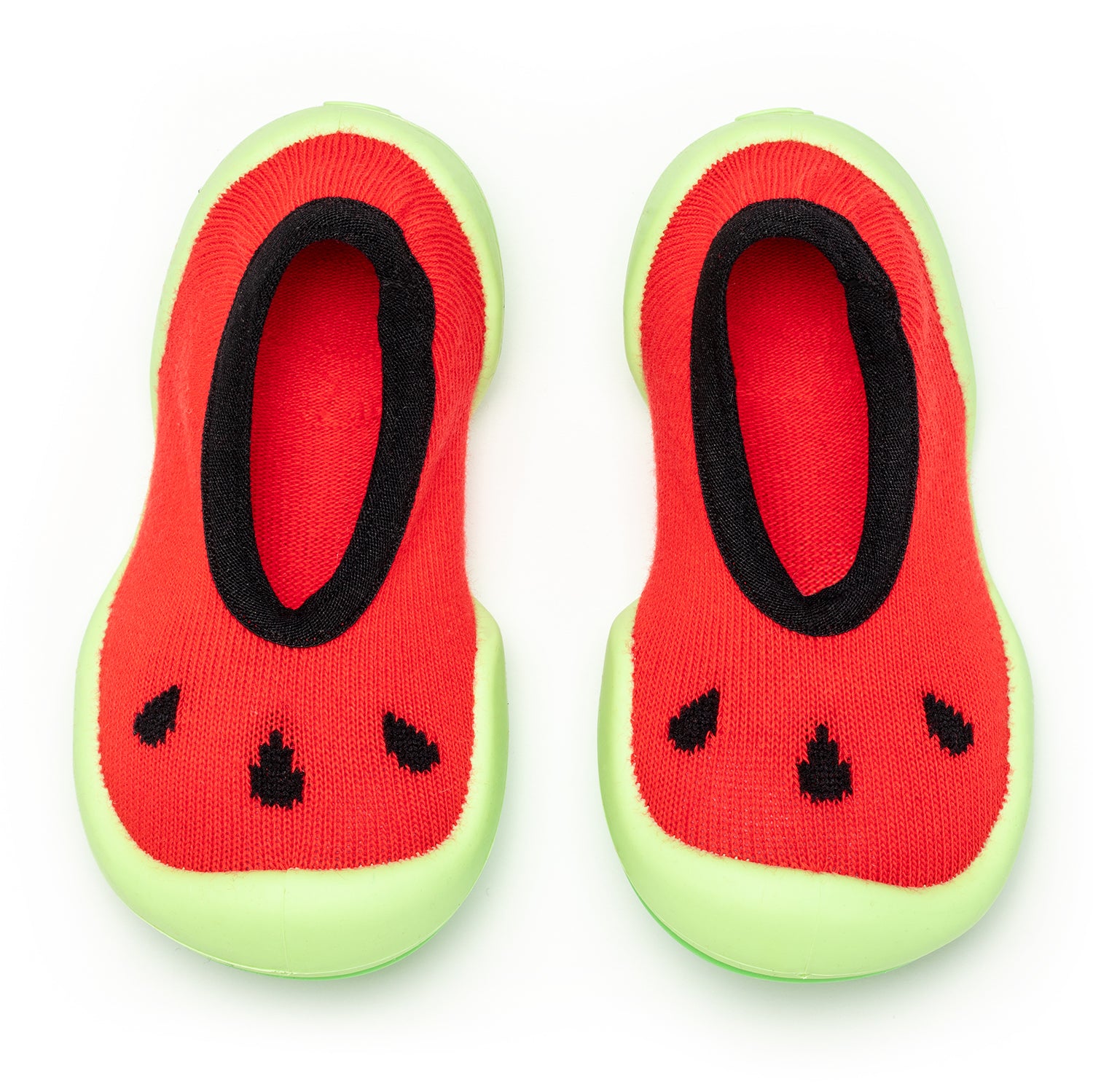 Two watermelon-themed baby shoes.