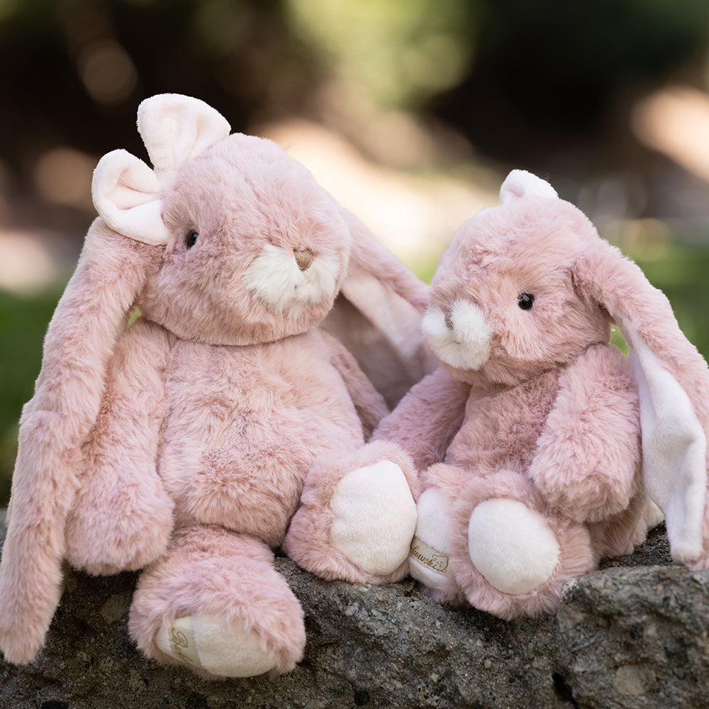 Two pink plush bunnies sitting on a rock with a blurred natural background