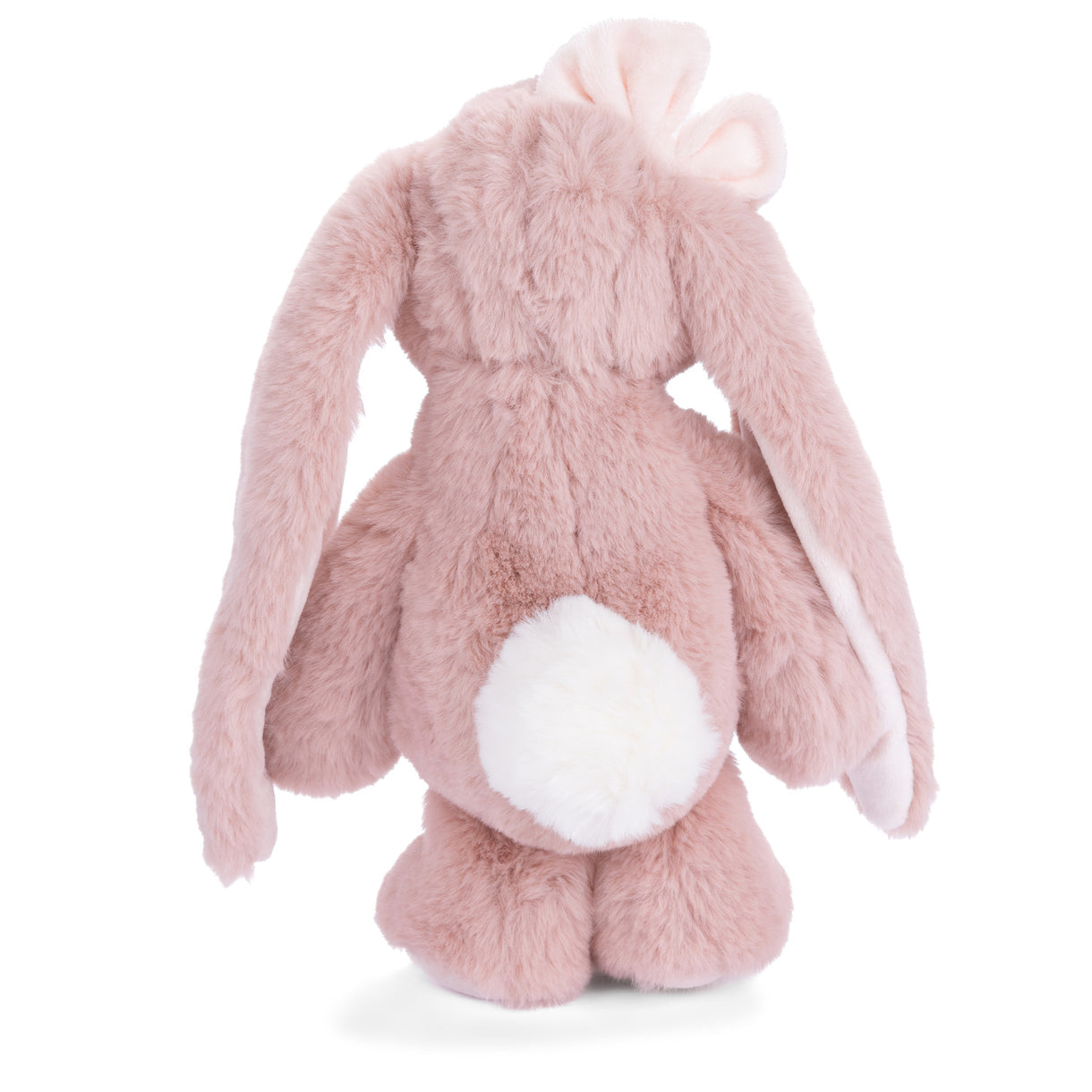Pink plush bunny toy on a white background