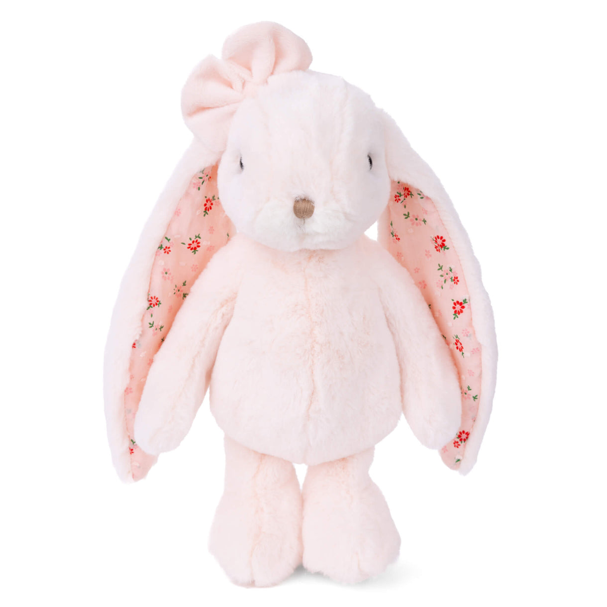 Pink plush bunny with floral details on a white background