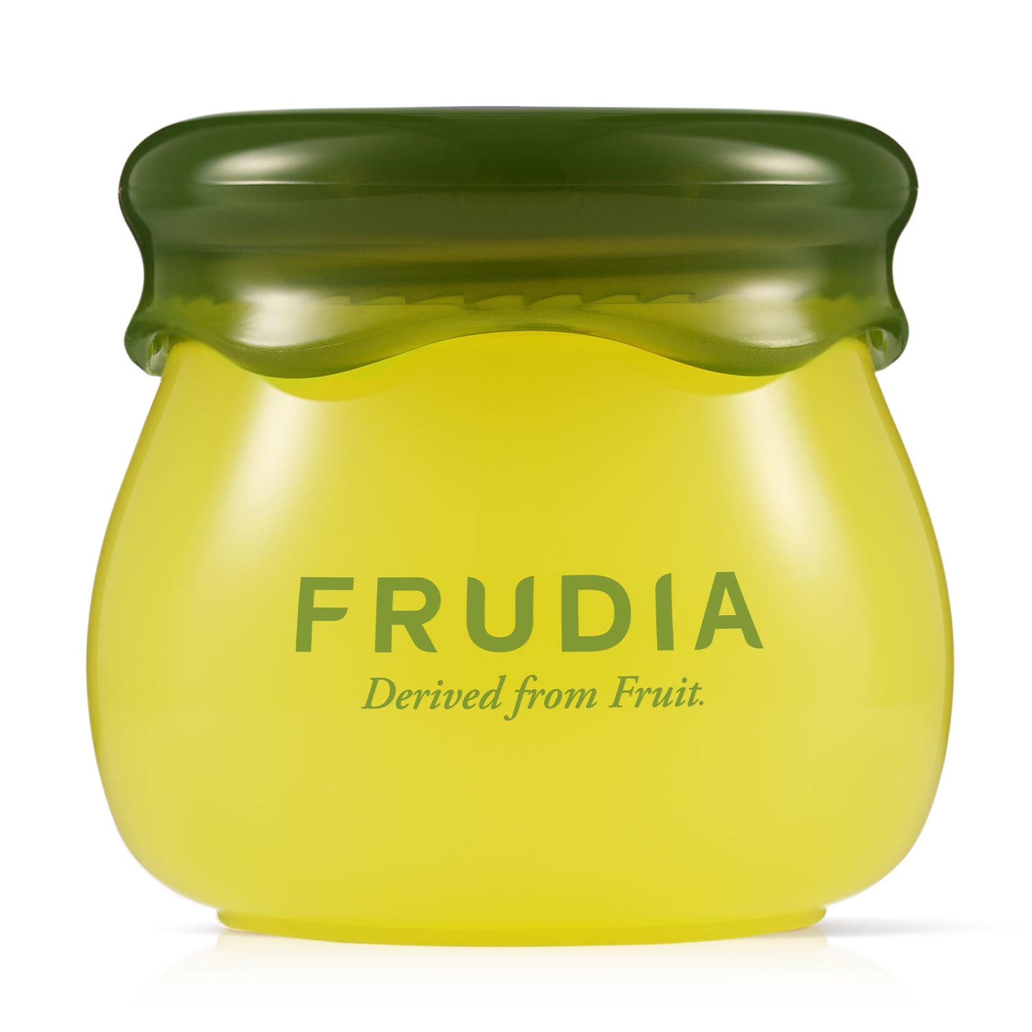 Yellow jar of "Frudia" fruit product with a green lid.