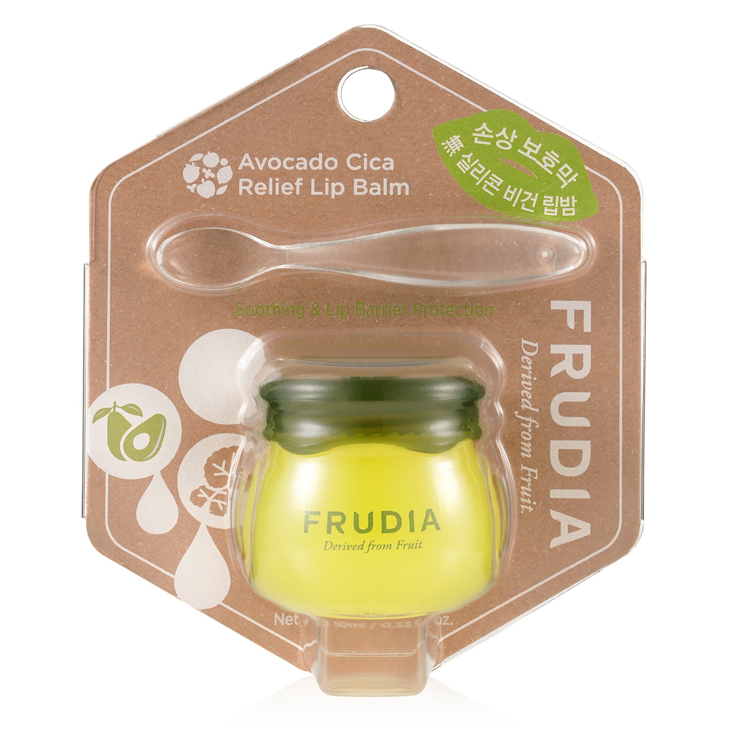 A packaged Frudia Avocado Cica Relief Lip Balm featuring a yellow balm in a jar with a green lid, accompanied by a small applicator spoon, against a cardboard background with text and graphics.