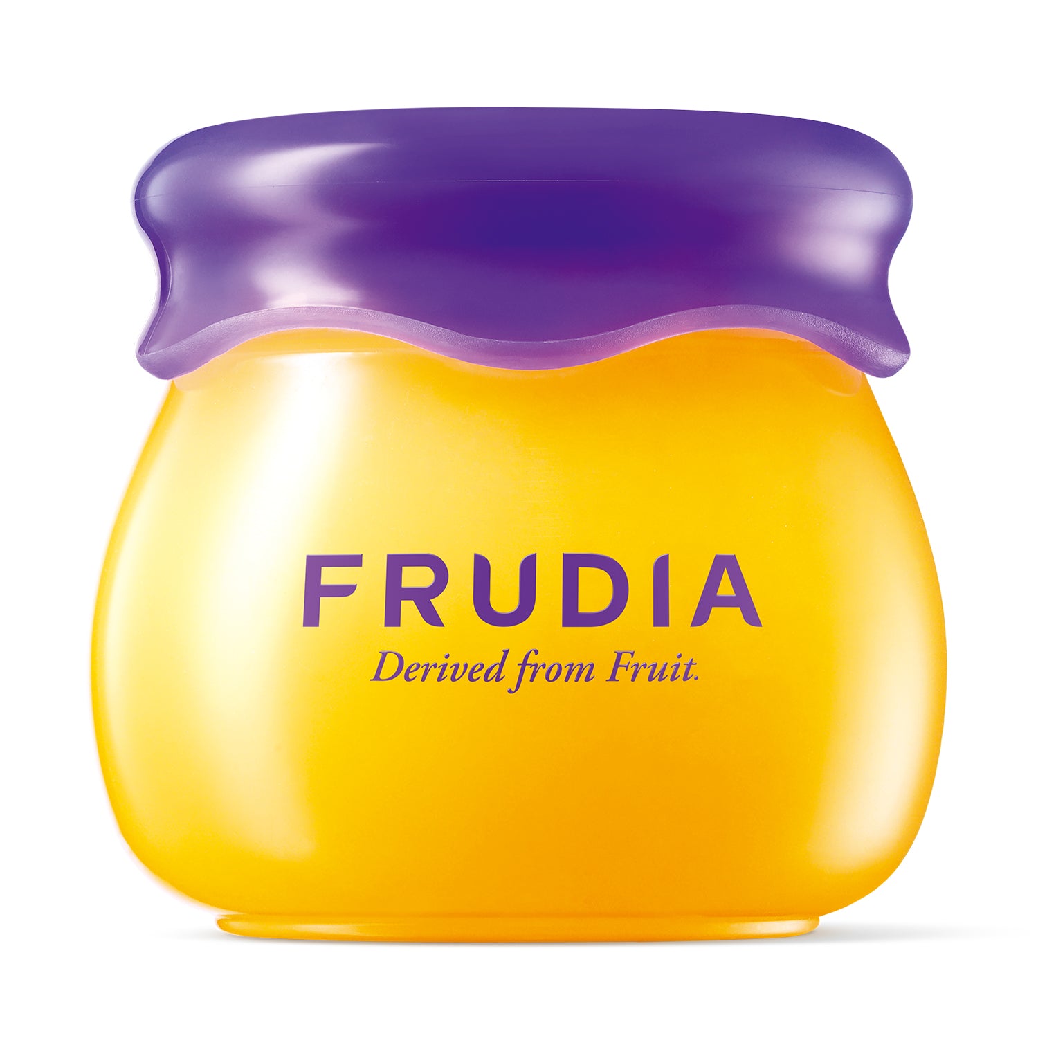 A yellow Frudia product jar with a purple lid.