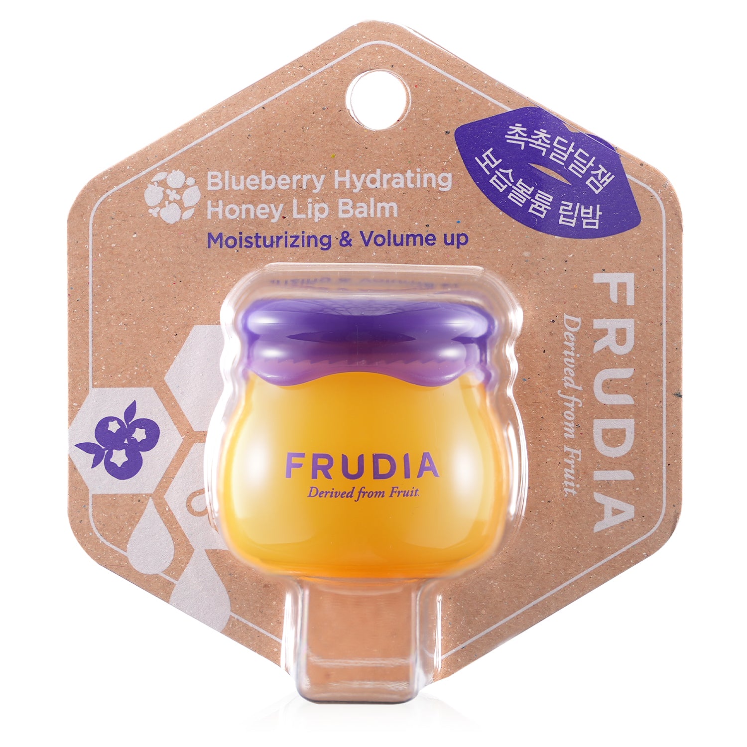 Lip balm in honey pot container in packaging.