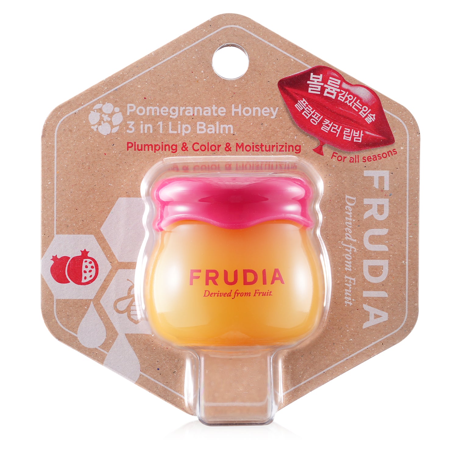 Cosmetic lip balm with honey pot-shaped container on cardboard.