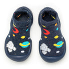 Two blue space-themed baby slippers.