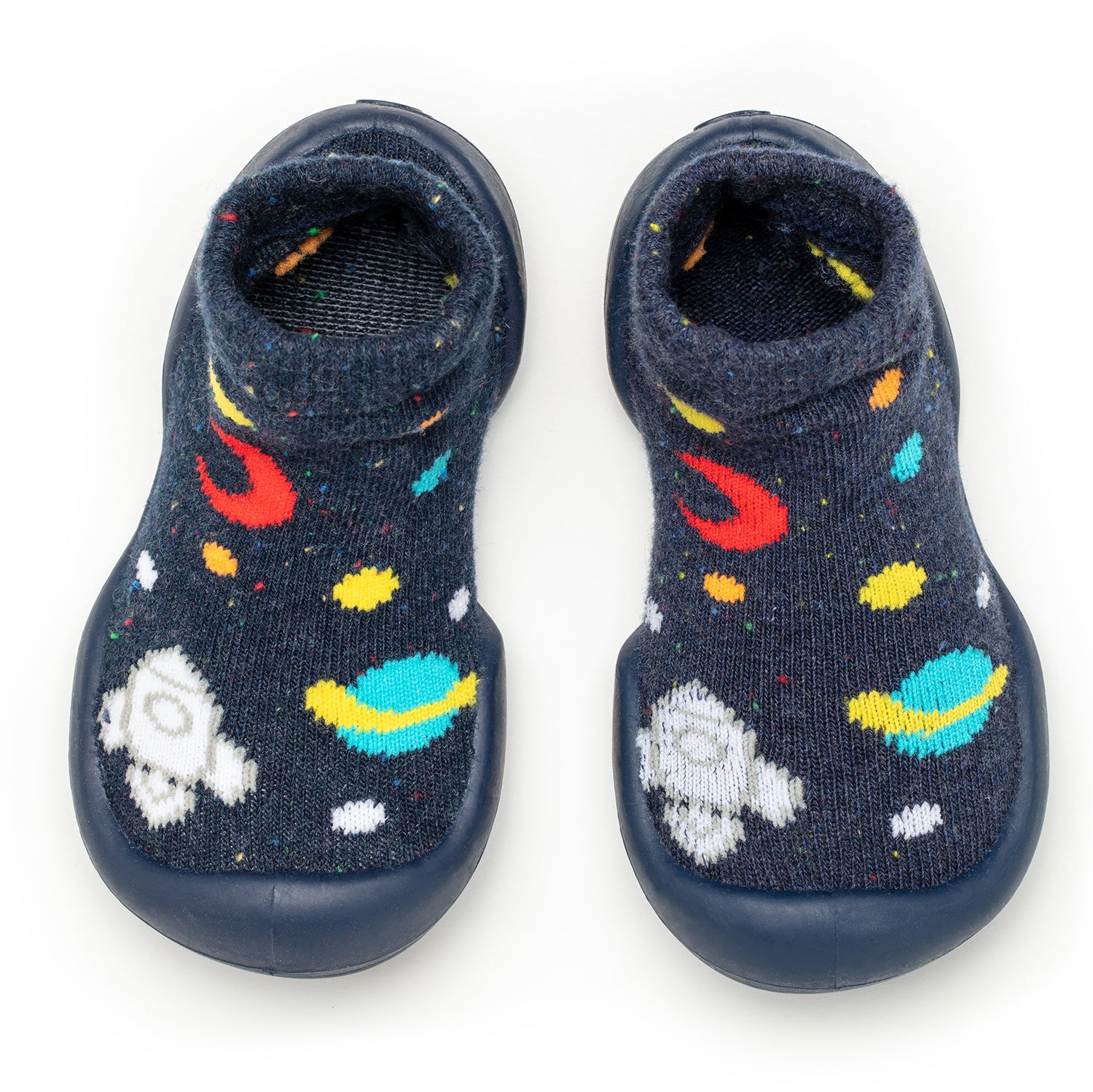 Two blue space-themed baby slippers.