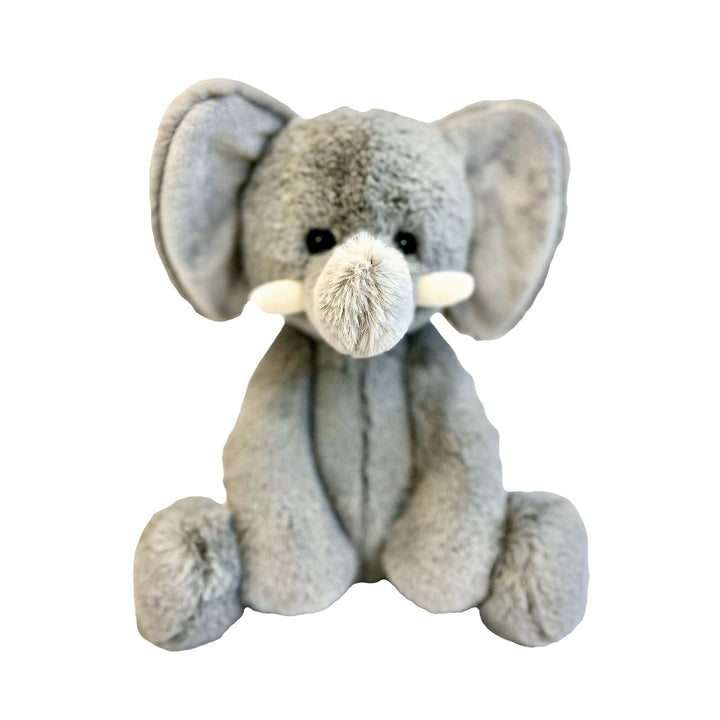 Grey plush elephant toy sitting.