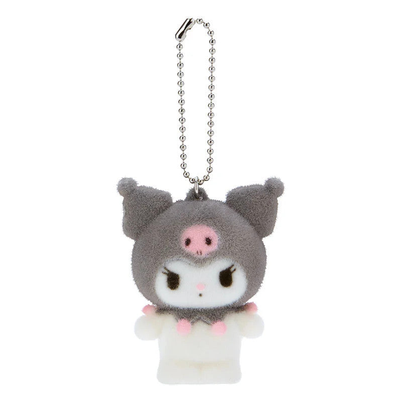Plush Kuromi keychain. Gray and white. Silver chain.