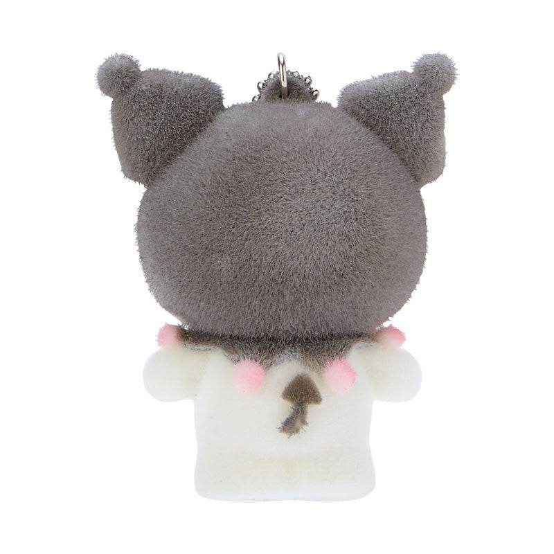 Gray, fuzzy Kuromi plush with white outfit, pink details, and metal keychain.