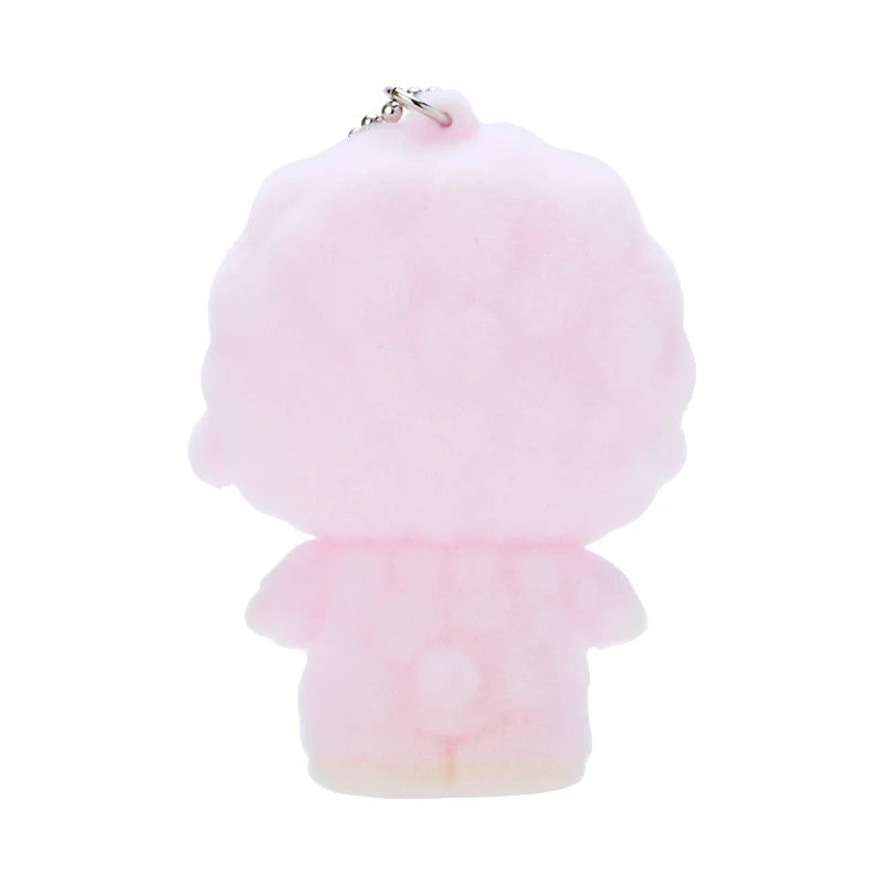 Rear view of a pink, plush keychain.