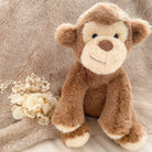 Brown plush monkey toy with beige face and hands sitting on a tan fur blanket next to dried flowers.