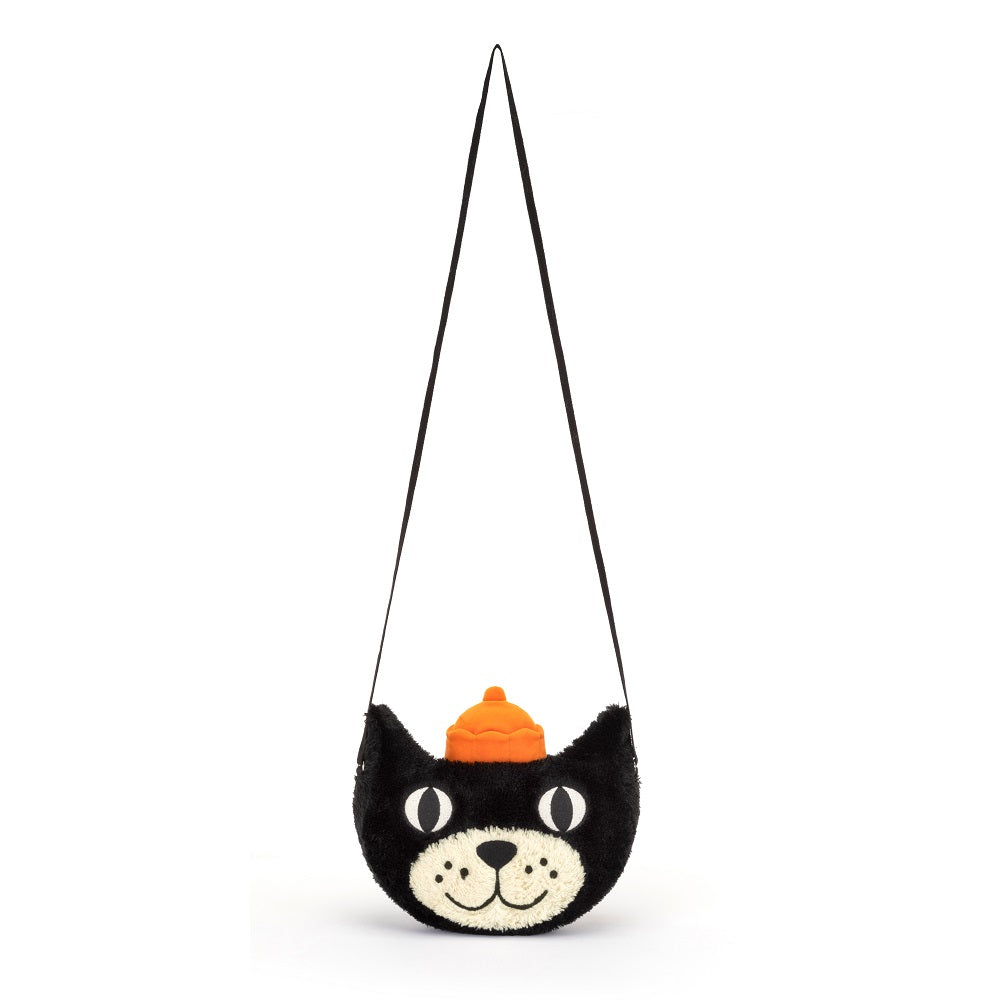Black cat-shaped purse with orange hat.