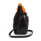 Black faux fur purse with orange lining and crossbody strap.