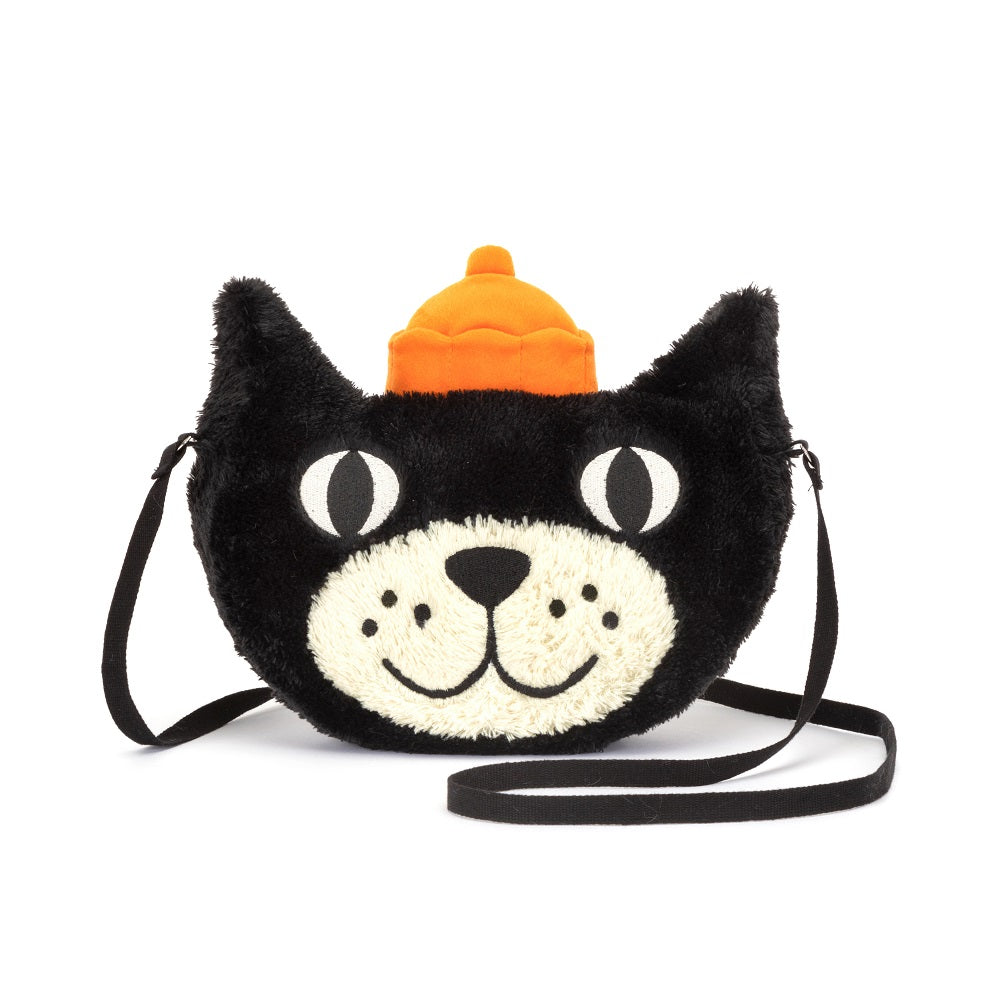 Black cat purse with orange hat and black straps.