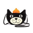 Black cat purse with orange hat and black straps.