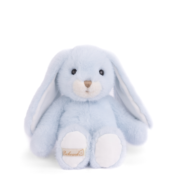 Blue plush bunny toy with a visible brand logo on a white background