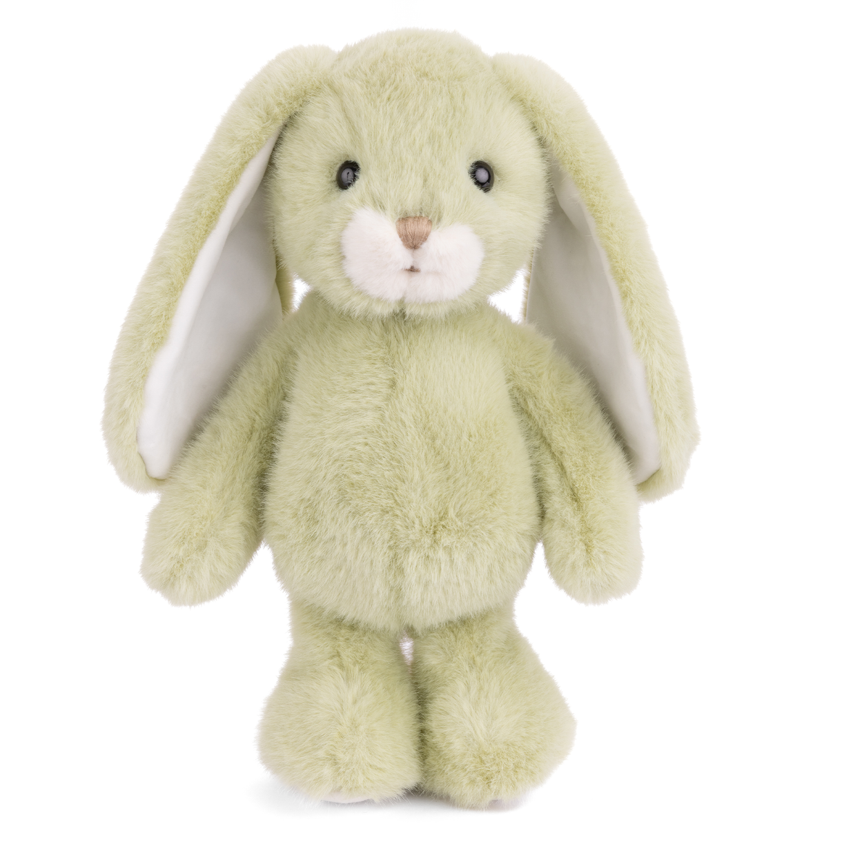 Plush toy rabbit with green fur on a white background