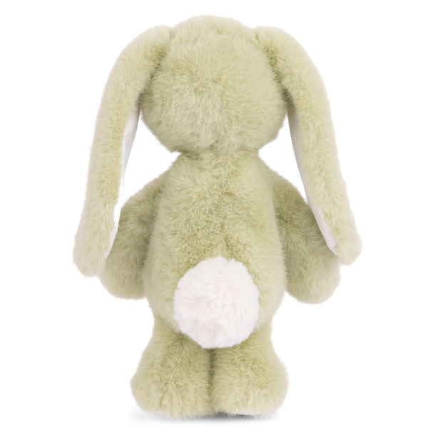 Green plush bunny toy on a white background