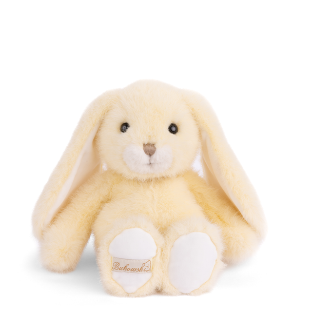 Plush bunny toy with a visible brand logo on a white background
