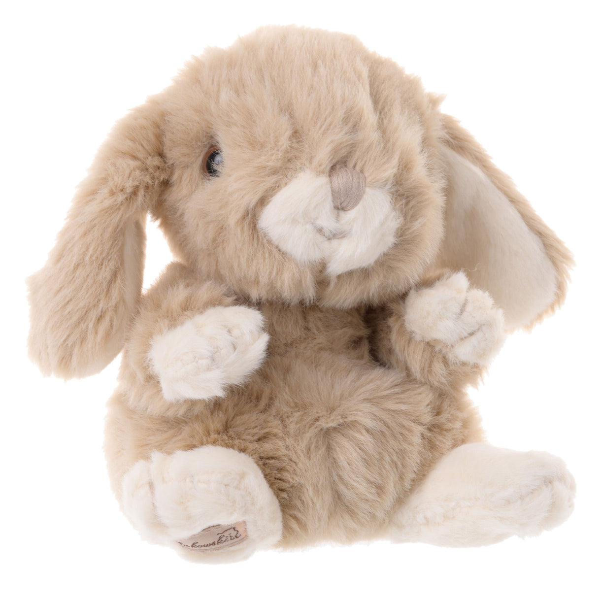 Plush toy rabbit with beige and white fur on a white background
