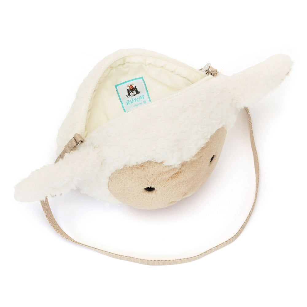 Open Jellycat lamb purse with shoulder strap.