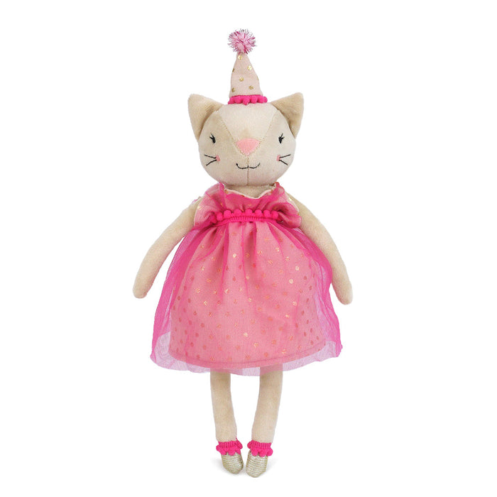 Stuffed cat toy in a pink dress and party hat.