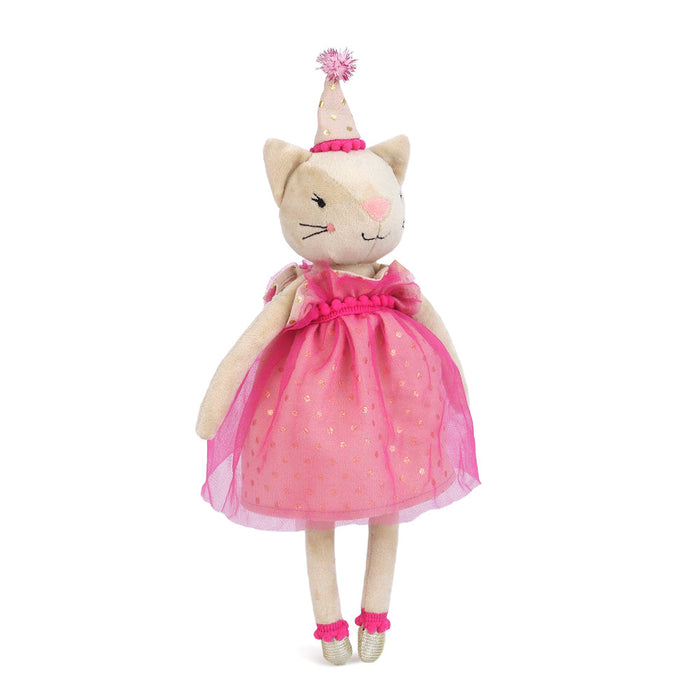 Stuffed cat toy in a pink dress and party hat.