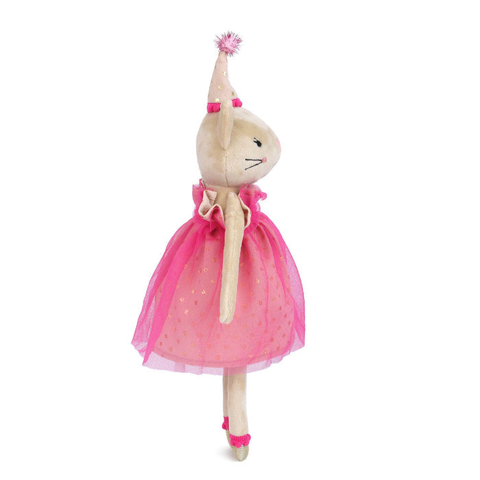 Stuffed animal mouse in pink dress and party hat.